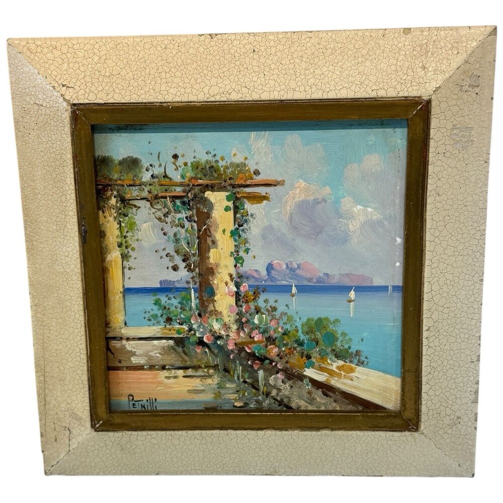 Vintage Enzo Petrilli 6″ Oil Painting on Tile – Italian Seaside Café (Framed)